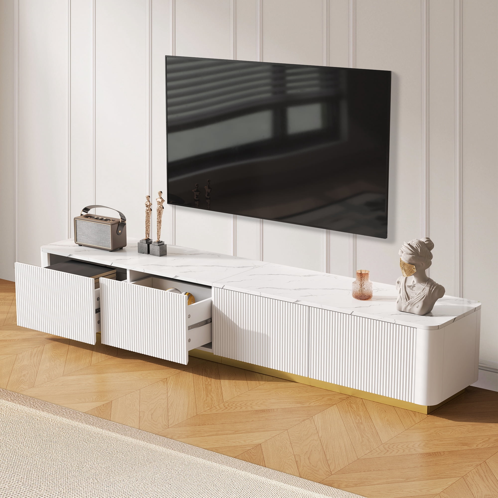 HIUU Luxury TV Stand with Faux Marble Table Top,Marble TV Stand Modern,Fluted TVs Console with Storage for TVs Up to 85",White Entertainment Center with Gold Base