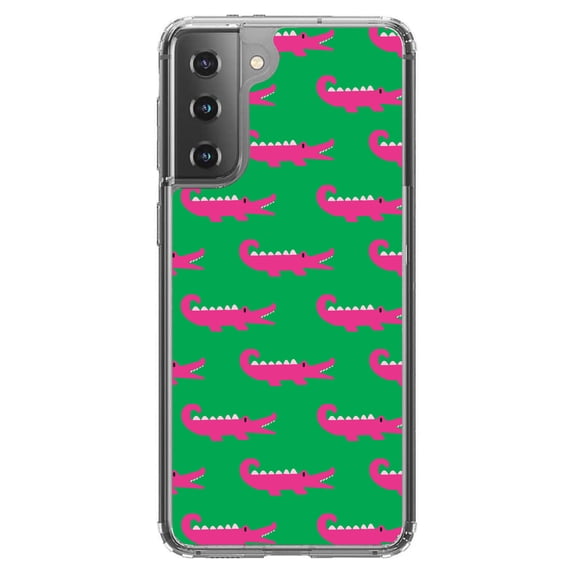 DistinctInk Clear Shockproof Hybrid Case for Galaxy S21 5G (6.2" Screen) - TPU Bumper, Acrylic Back, Tempered Glass Screen Protector - Green Pink Alligators - Cartoon Alligators