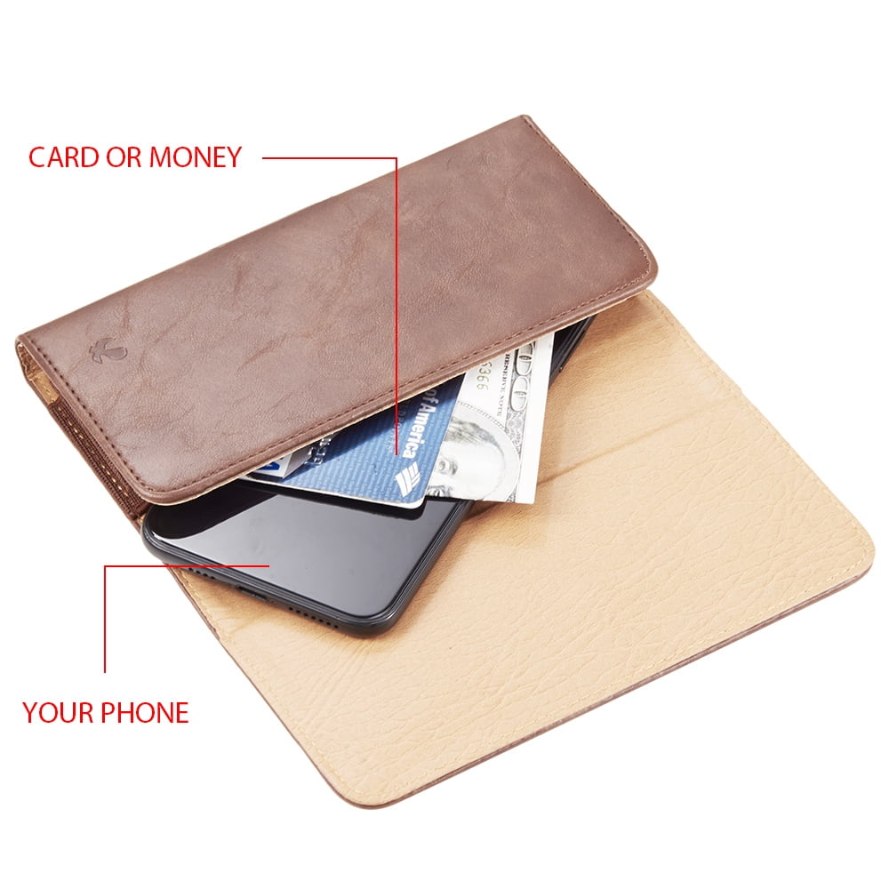 6.5-inch Horizontal Brown PU Leather Cell Phone Holster Universal Fit with Belt Clip, Embossed Eagle Design