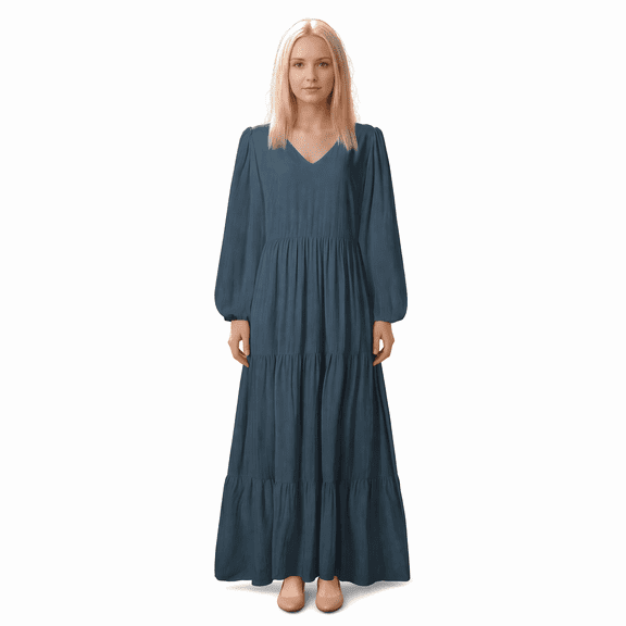 Women Plus Size Polyester Maxi Dresses, Vintage V Neck Balloon Long Sleeve Flowy Tiered Swing Dress