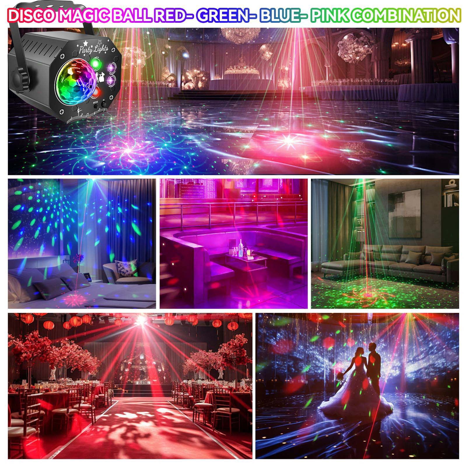 3-in-1 Mini Disco Party Light, RGB LED DJ Light with Strobe, Red & Green Star Projection, Sound Activated, Remote Control