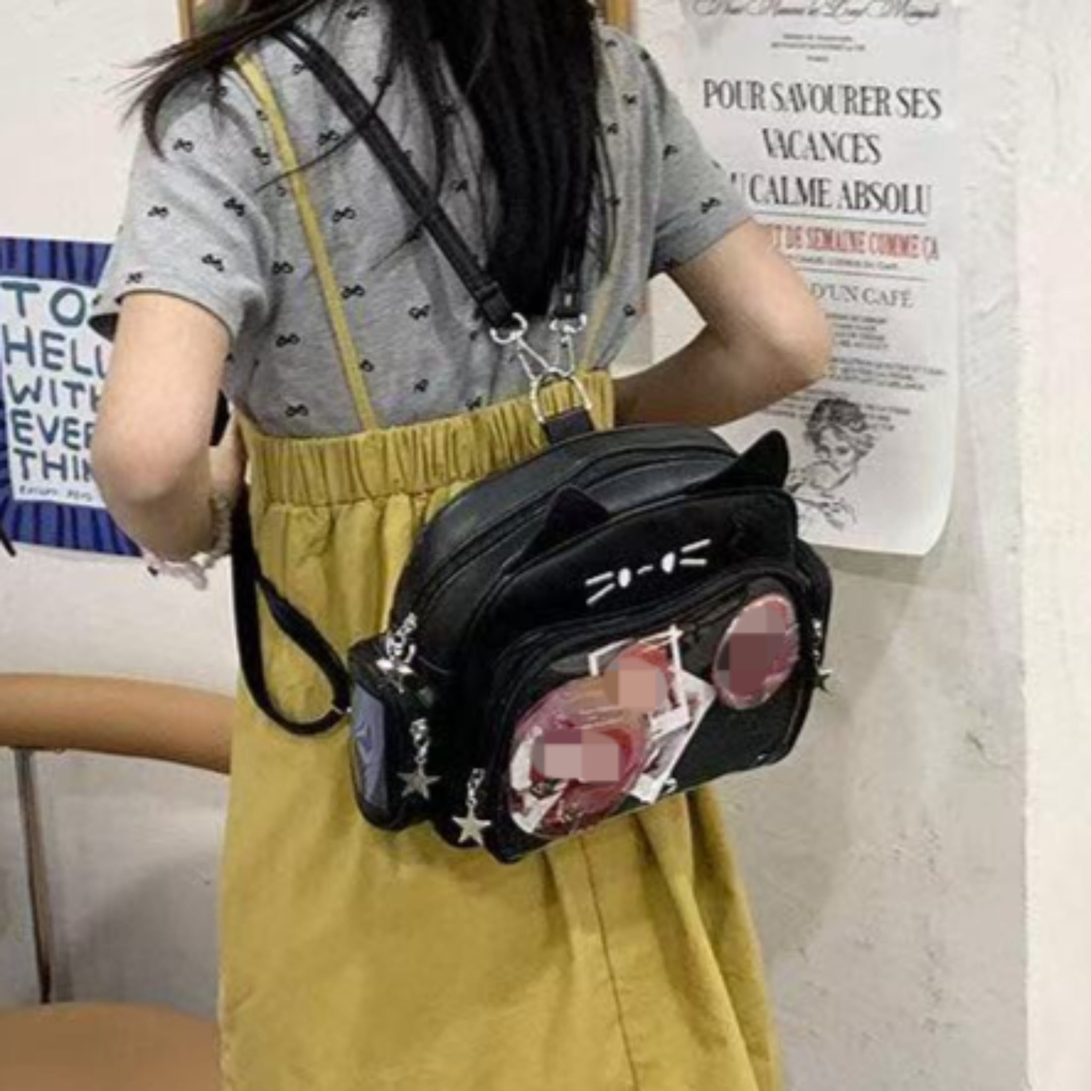 Cat Ita Bag with Clear Pin Window, Cute Anime Backpack, Pin Display Backpack, Kawaii Japanese PU Leather Y2k Aesthetic Shoulder Crossbody Bag