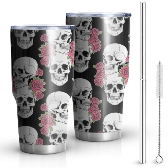 30oz Black Skull Rose Pattern Tumblers Stainless Steel Tumbler with Lid and Straw,Vacuum Insulated Double Wall Travel Tumbler Cups Mug with Cleaning Brush for Coffee,Tea