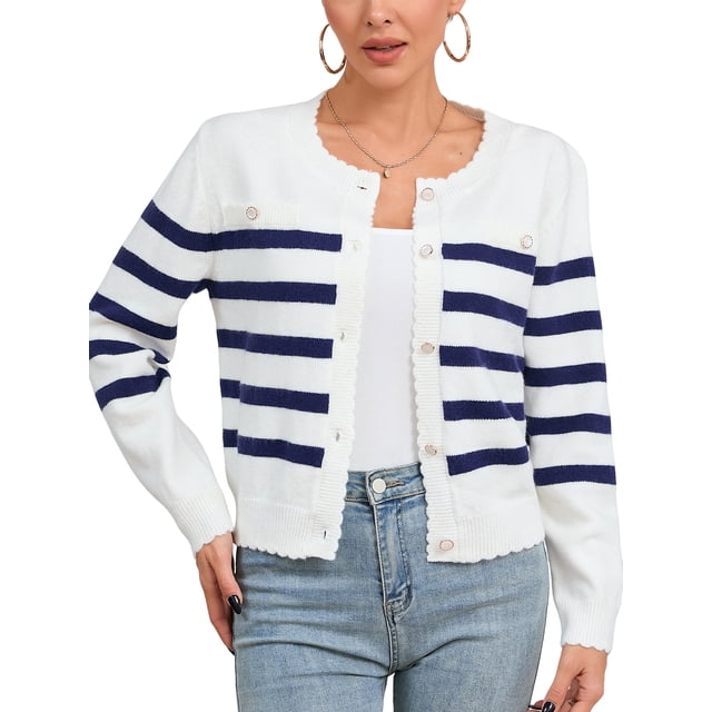 Charmo Cardigan d'Hiver en Tricot Rayé pour Femmes, Col Rond à Boutons, Manches Longues, Élégant