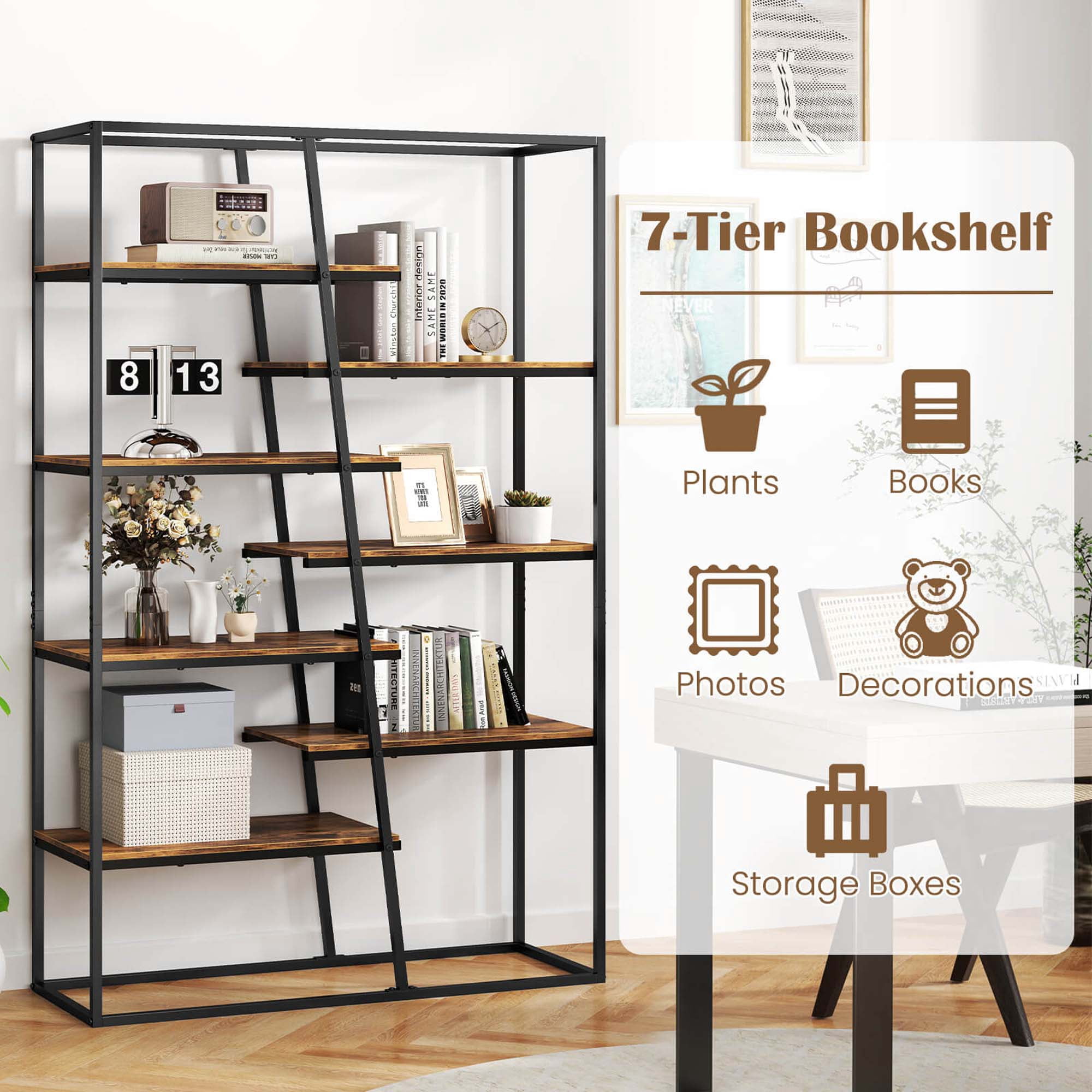 Costway 71" Tall Bookshelf with Heavy-duty Metal Frame 7-Tier Industrial Etagere Bookcase
