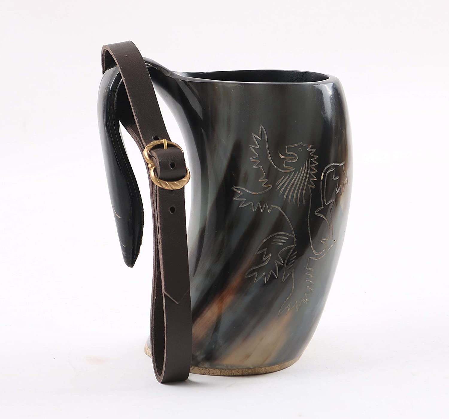 Polished Finish Viking Drinking Tankard with Medieval Buckle Leather Strap 