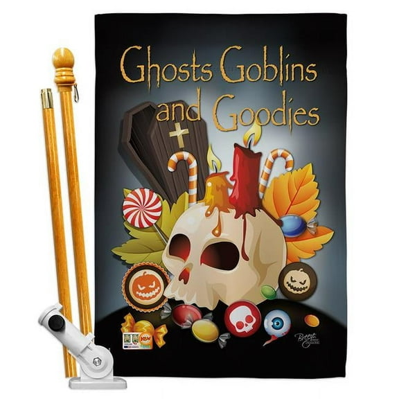 Breeze Decor BD-HO-HS-112007-IP-BO-D-US15-BD 28 x 40 in. Ghosts Goblins & Goodies Fall Halloween Impressions Decorative Vertical Double Sided House Flag Set with Pole Bracket Hardware