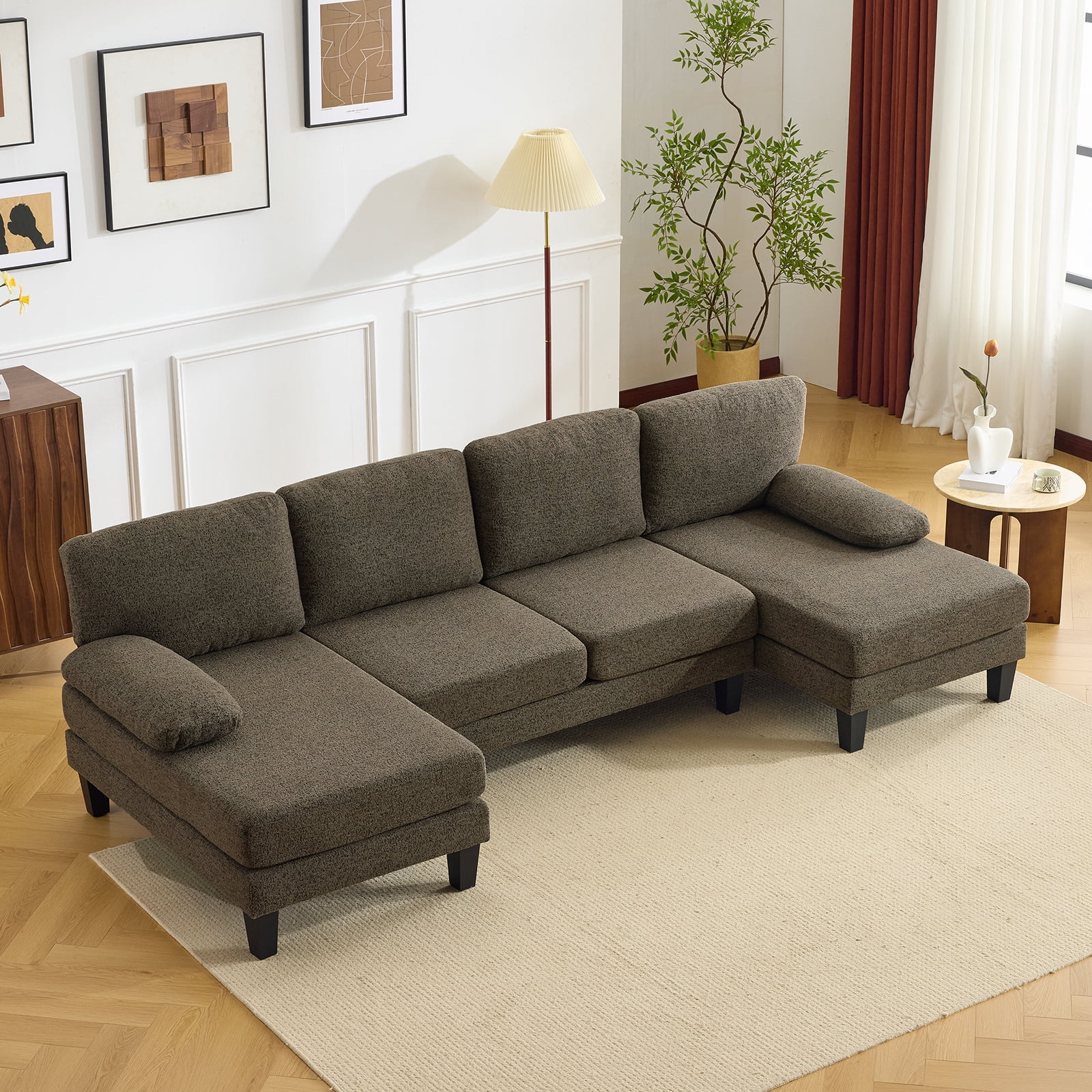 U-Shaped Convertible Sectional Sofa with 2 Chaise Lounges, 4-Seater Modular Couch with Removable & Washable Chenille Covers, L-Shaped Couches for Living Room Apartment, Heavy Duty Plastic Legs