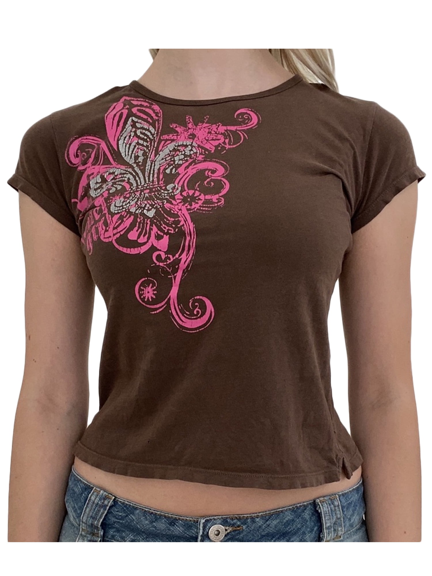 Women Teen Girl Y2k Fashion Top Clothes Cute Graphic Print Brown Crop Top  Tee T-Shirt E Girl Clothing Aesthetic 