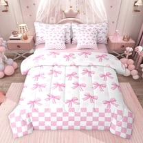jejeloiu Cartoon Cute Bowknot 7-Piece Twin Bedding Sets,Girl Pink White Check Bedding Comforter Set For Teens Reversible