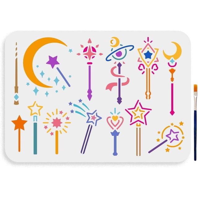 Plantilla de varita mágica con 13 estilos (11,7 × 8,3 pulgadas). Plantilla temática de magia con pincel. Plantilla para dibujar varitas mágicas de princesas, hadas, estrellas y lunas.
