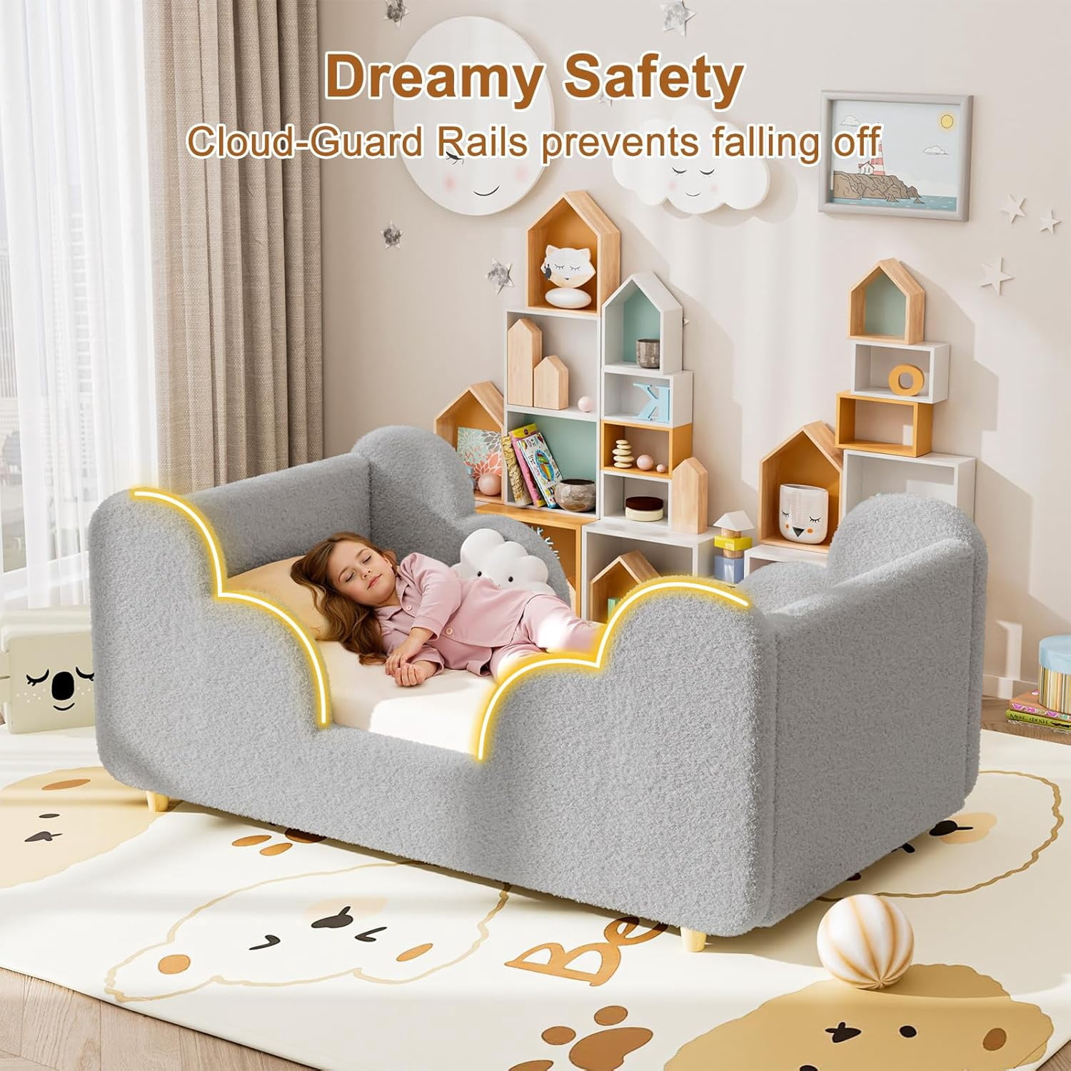 SLSY Toddler Bed,Classic Gray Child Bed for Kids with Extra Safty Broad,Certified Fabric Toddler Floor Bed,Standard Crib Size(Mattress Not Included)