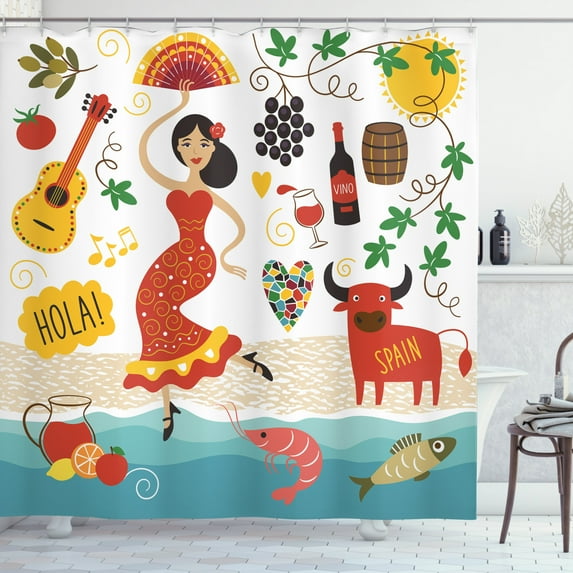 Ambesonne Spain Shower Curtain, Bull Guitar and Dancer, 69"Wx84"L, Multicolor