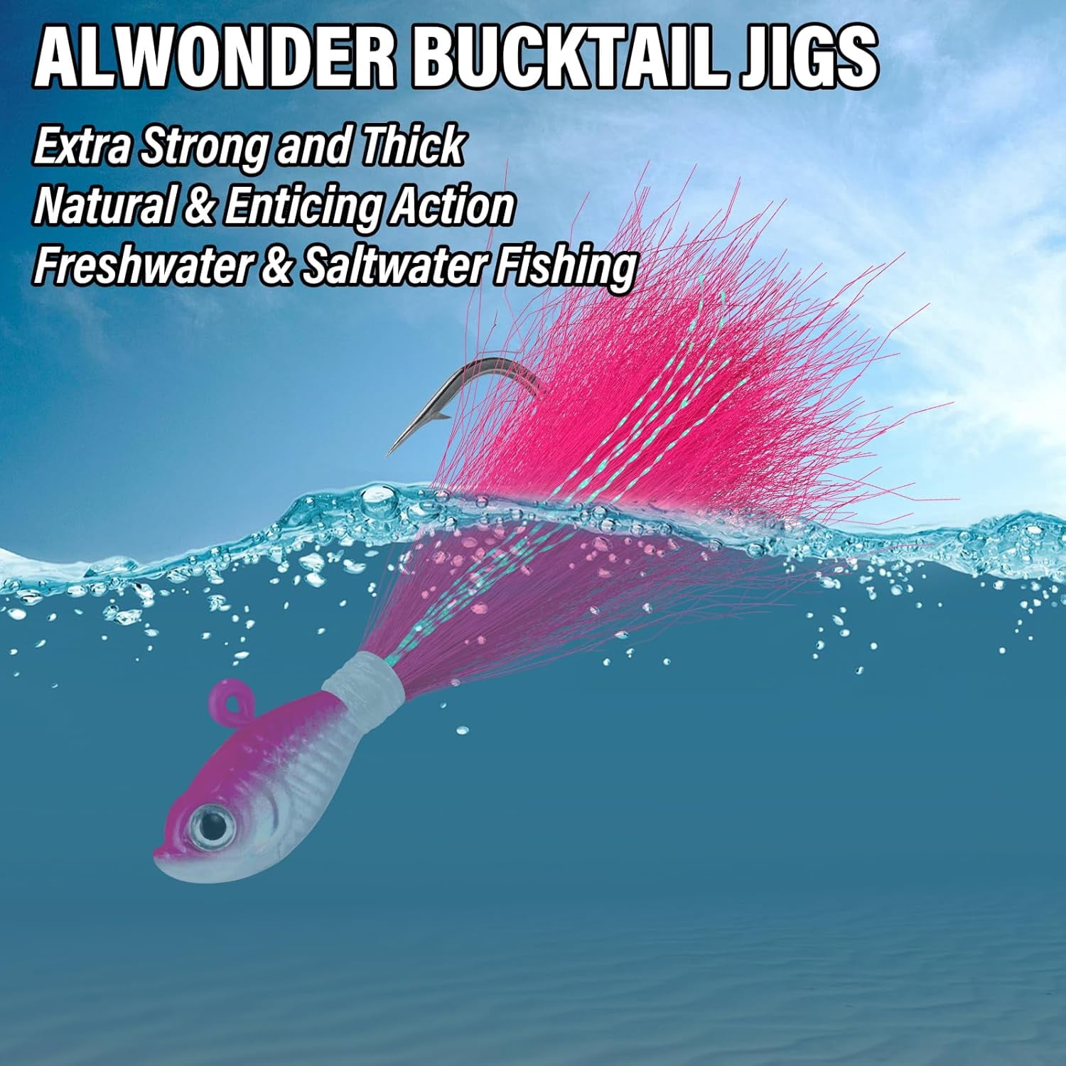 5-Pack Bucktail Jigs Hair Jigs Saltwater Freshwater Fishing Bucktail Lures Surf Fishing Jig Heads White Luminous Chartreuse Swimbait Jig for Bass Flounder Striper Bluefish Halibut Redfish
