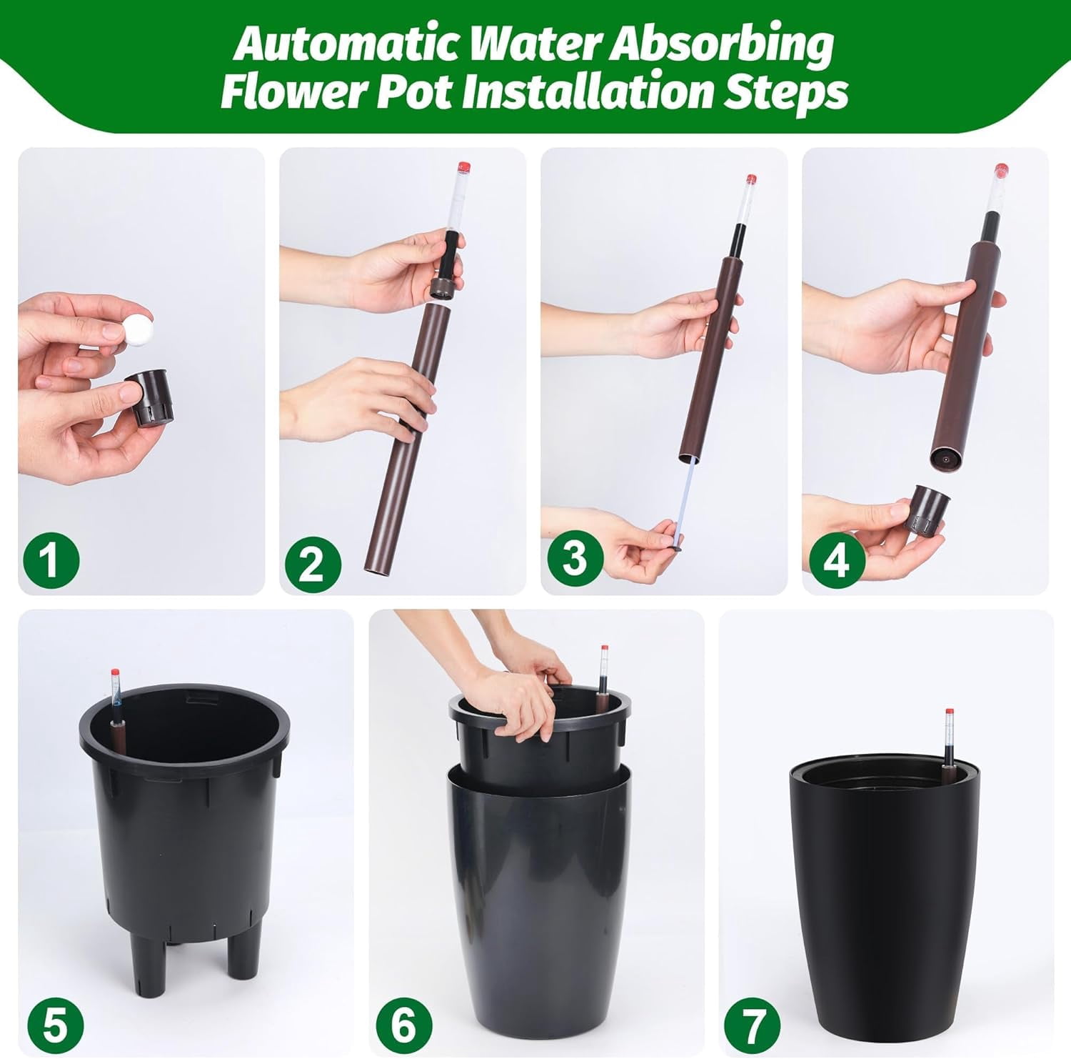 Memoryfield 16" Self-Watering Planter Set of 4 with Drainage & Water Level Indicator, Indoor Outdoor Plant Pots for Patio, Garden, Balcony, Black