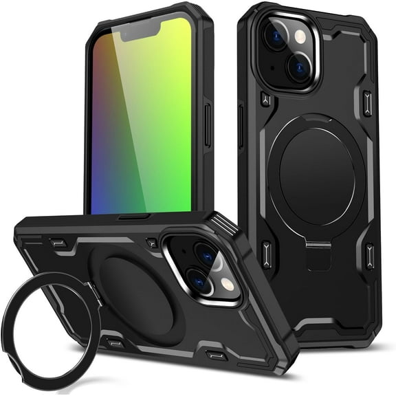 for iPhone 13 Case/iPhone 14 Case, [Compatible with Magsafe] [Invisible Built in Stand & Ring Holder] MIL-Grade, Dual Layer Shockproof Full Protective Phone Case for iPhone 13/14-Black