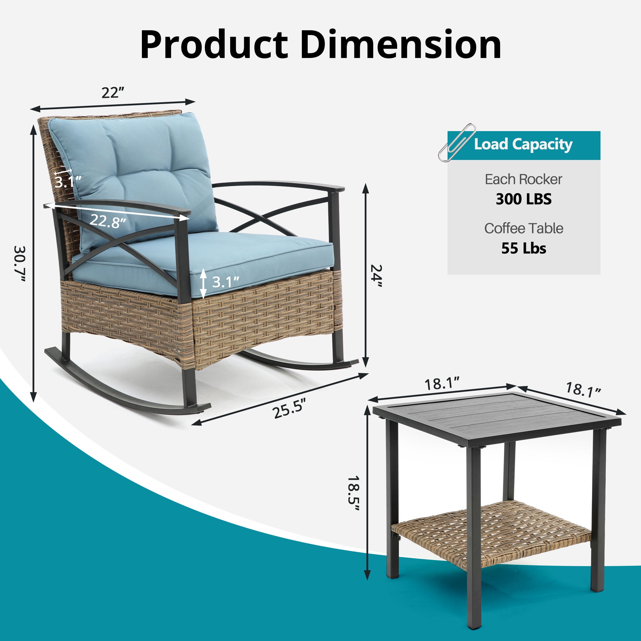 Enyopro 3-Piece Patio Furniture Set, Outdoor Wicker Conversation Set with Coffee Table, All-Weather Rattan Chairs & Cushions, Modern Patio Seating for Garden, Balcony, or Backyard, Blue