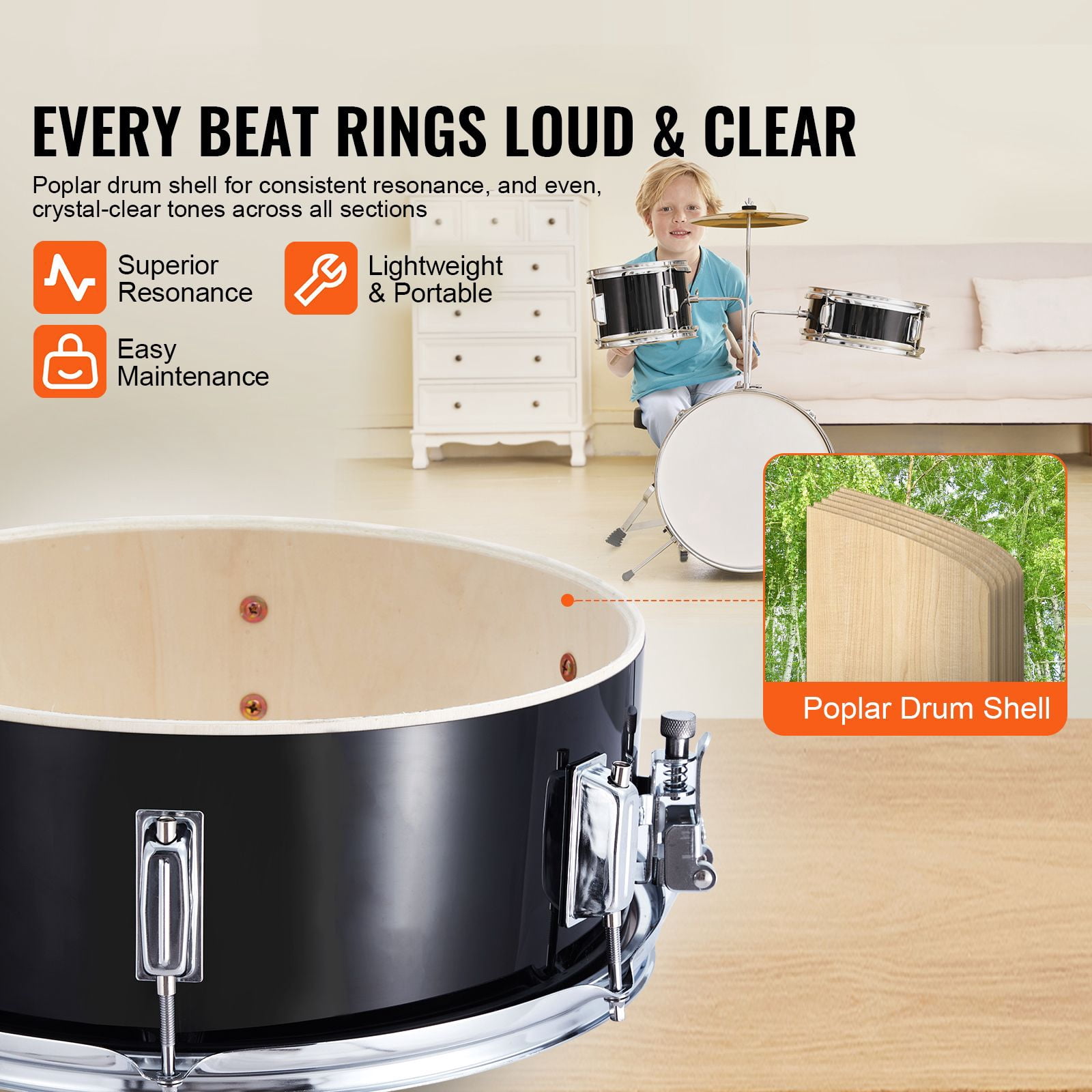 14" Drum Set, 3-Piece Beginner Kit with Adjustable Throne, Cymbal, Pedal&Drumsticks, Perfect Starter Drum Set for Children, Black