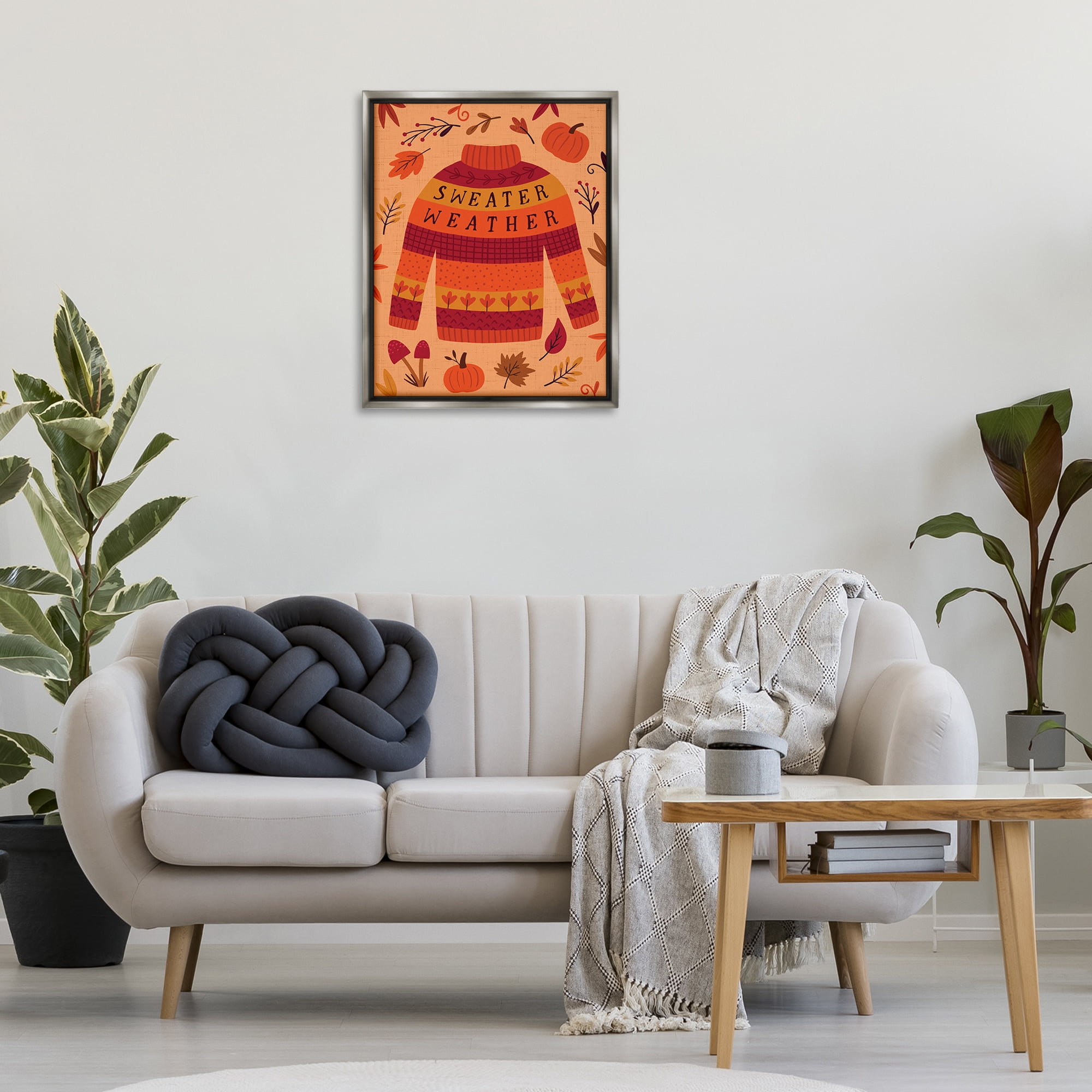 Stupell Industries Sweater Weather Cozy Fall Holiday Painting Gray Floater Framed Canvas Art Print Wall Art, 25 x 31