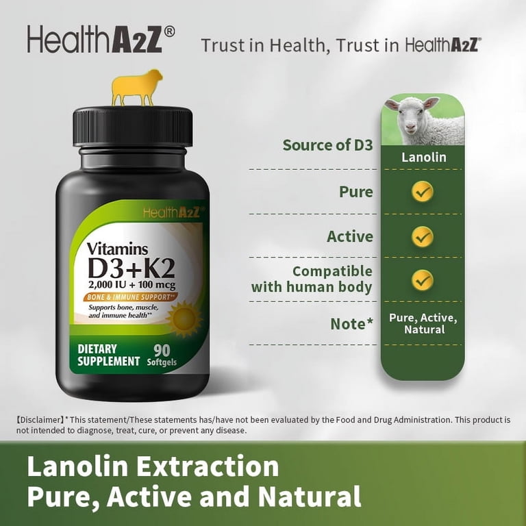 HealthA2Z Vitamin D3 + K2 | 2000 IU + 100 mcg | 90 Easy-to-Swallow
