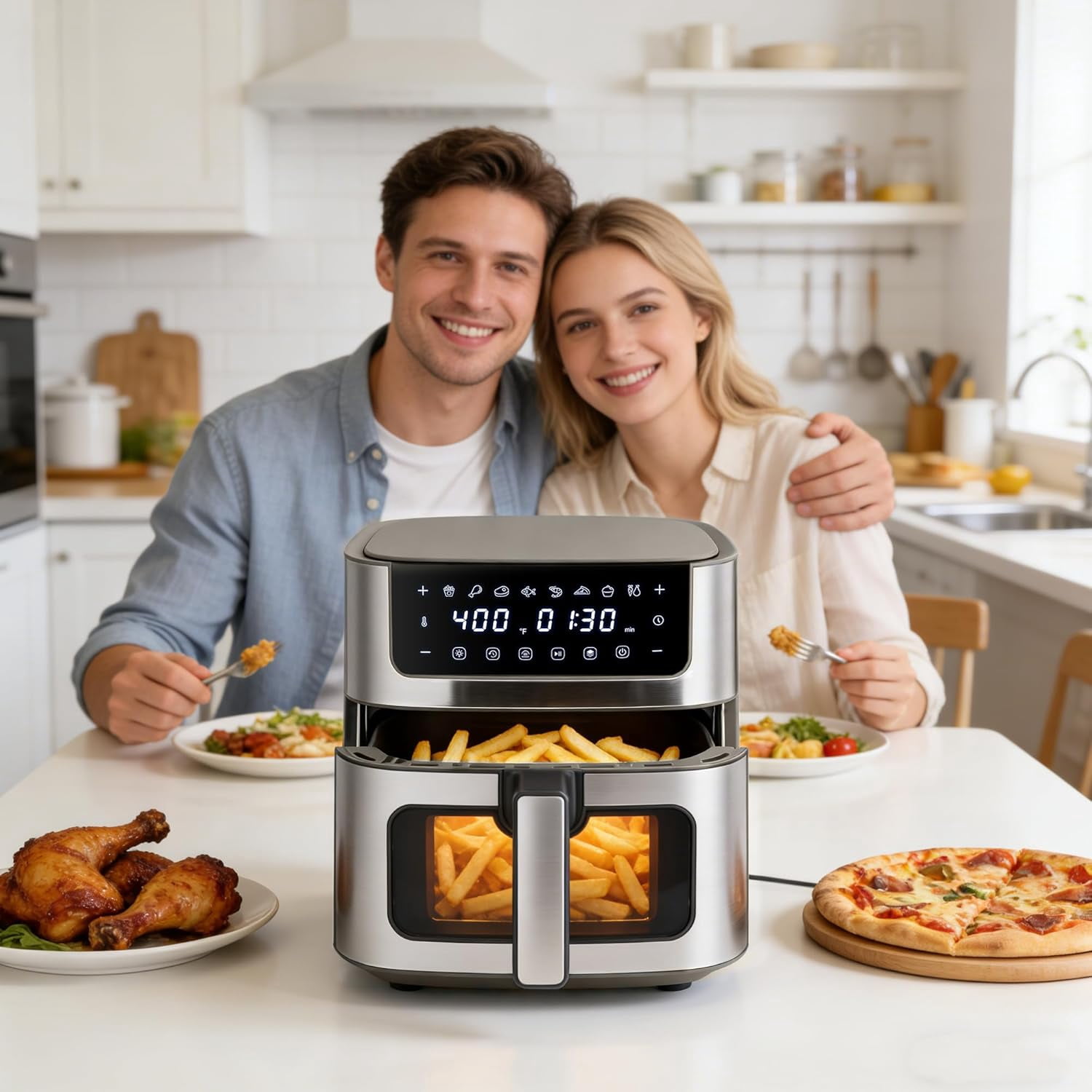 Air Fryer 6.34QT, Airfryer with Visible Window, 400 ℉ Fast Heating Air Fryers Oven with Nonstick and Dishwasher-Safe Basket, 8-in-1 Cooking Preset, Timer，Auto-Off, Stainless Steel, White