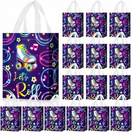 24 Pcs Large Roller Skate Party Favor Bags with Handles Reusable Non Woven Skating Goodie Bags Retro 80s 90s Candy Treat Gift Bag for Girl Boy Birthday Baby Shower Party, 8 x 4 x 10 Inch