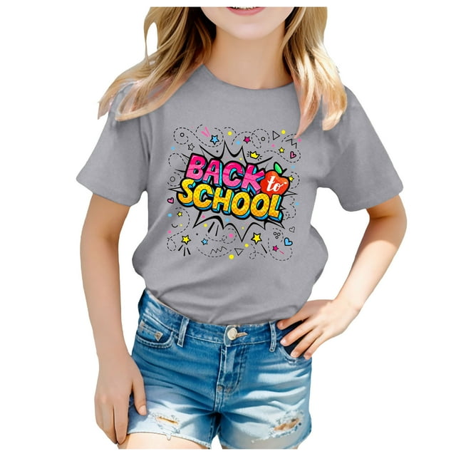 Chemises Filles Enfants Saison Scolaire Rentrée Scolaire Imprimé Manches Courtes Décontracté Hauts Filles Gris 6 Ans-7 Ans