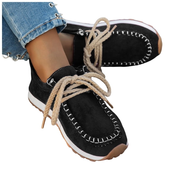 Rokment Womens Platform Fashion Sneakers Vintage Beach Casual Suede Stitching Memory Foam Slip on Walking Flat Non Slip Work Shoes for Wide Width Black Size 6.5