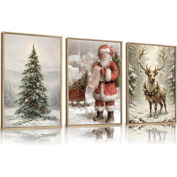 3 Pcs Vintage Christmas Canvas Wall Art Snow Scene Santa Xmas Tree Reindeer Retro Winter Wall Decor Posters Print Artwork for Living room Bedroom Home Decoration Unframed
