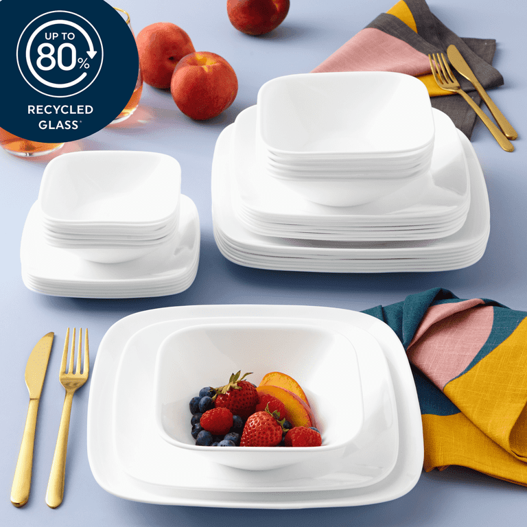 pack) Corelle Pure White Square 12-Piece Glass Dinnerware Set