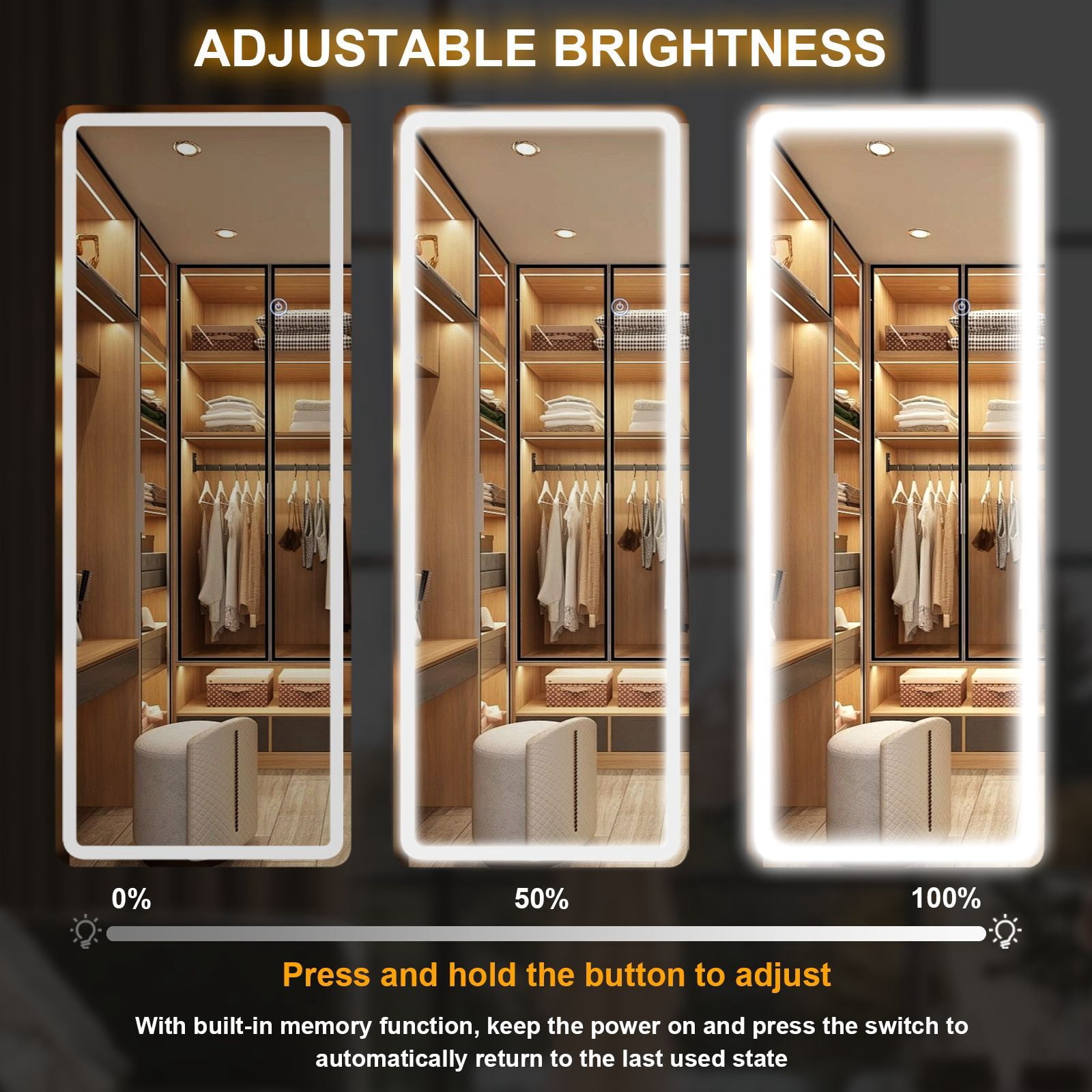 Easy4Home 63" x 20" LED Rectangular Full Length Mirror with Adjustable Lights Standing Mirror Wall Mounted, White