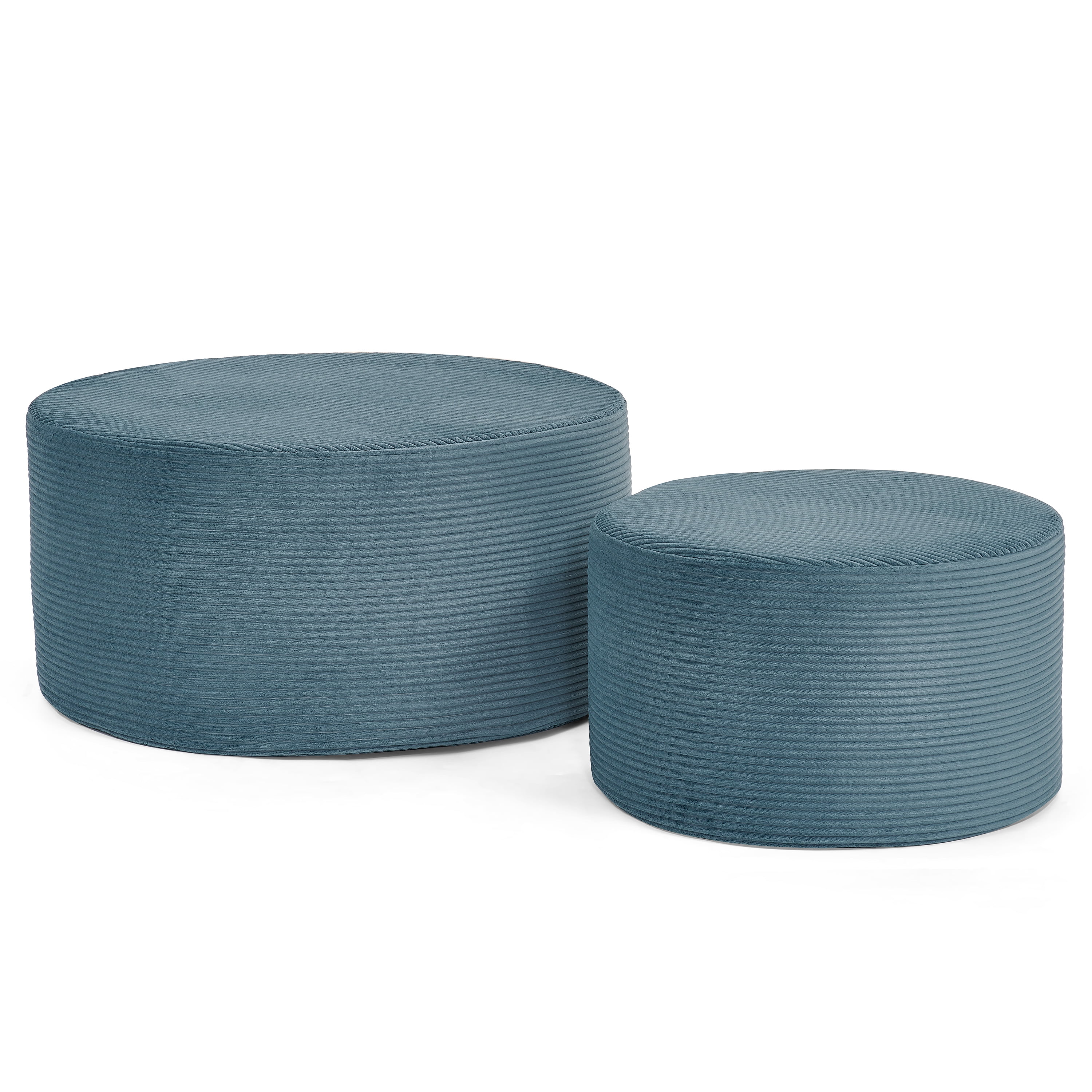 Aukfa 2-Piece Round Ottoman Set, Upholstered Coffee Table & Nesting Footrest Stools for Living Room, Bedroom, Blue