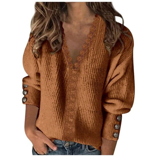 WUANDIXFA Chandail d'Automne Col Rond Femme Couleur Unie Col en V Dentelle Couture Boutons Manches Longues Chandail Brun,2TG