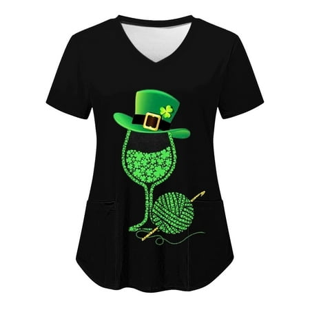 

Women Scrubs Top Nurses Clothing Workwear Working Uniform T-Shirt V-Neck Casual Leaf Printed Short Sleeve Leisure Pocket Loose Caring Workwear