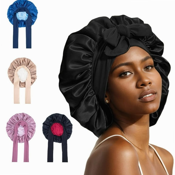Satin Bonnet Silk Bonnet Hair Bonnet for Sleeping Double Layer Hair Bonnet with Elastic Tie Band for Women Natural Curly Hair(Pink,black,blue，Brown)