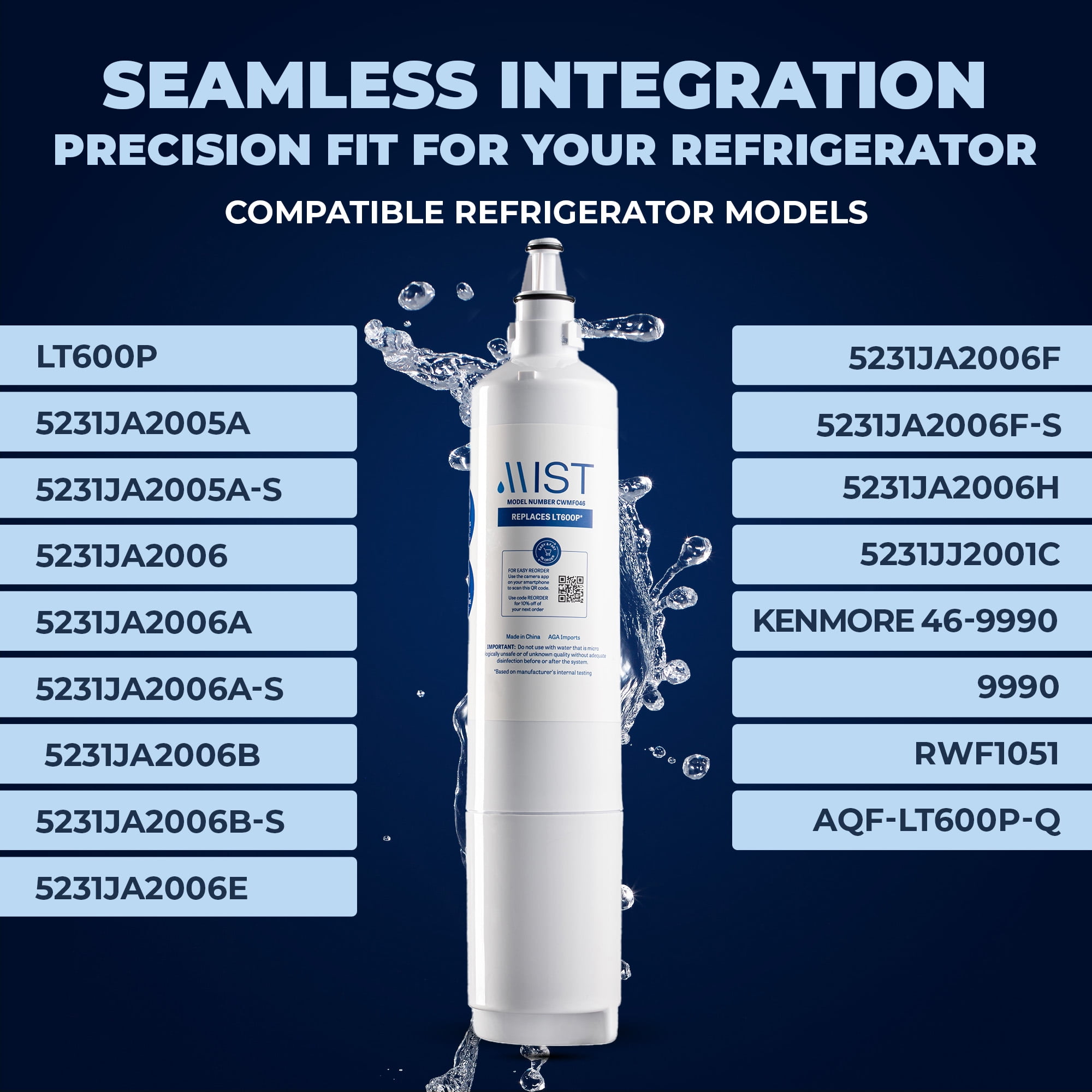 Mist LT600P Refrigerator Water Filter Replacement for LG, Compatible with 5231JA2006A, 5231JA2006B, Kenmore 469990, 5231JA2006E, 5231JA2006F, 46-9990, 3-Pack