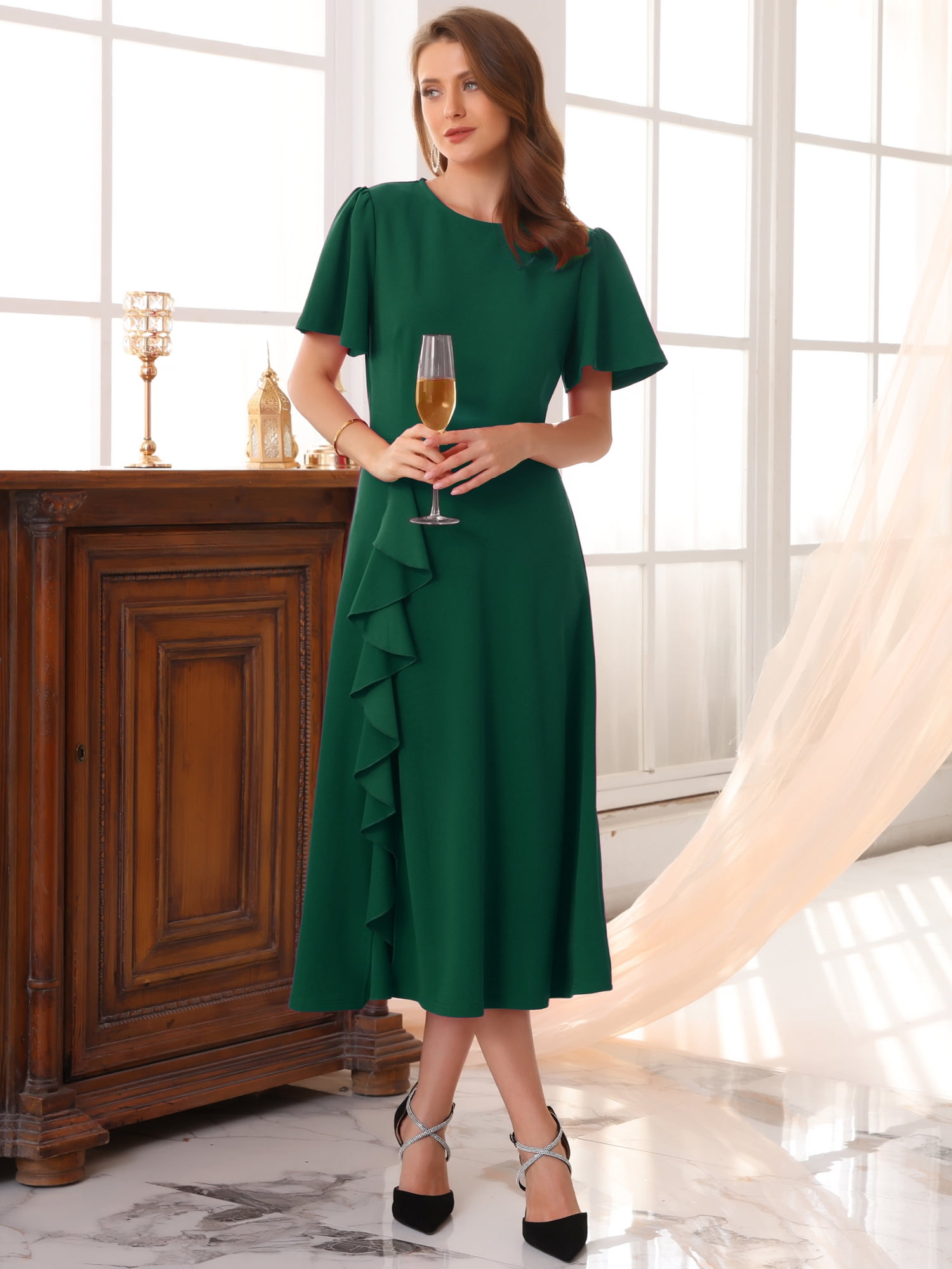 DARING DIVA Women's Ruffle Crew Neck Short Sleeve Formal Cocktail Dress S Dark Green