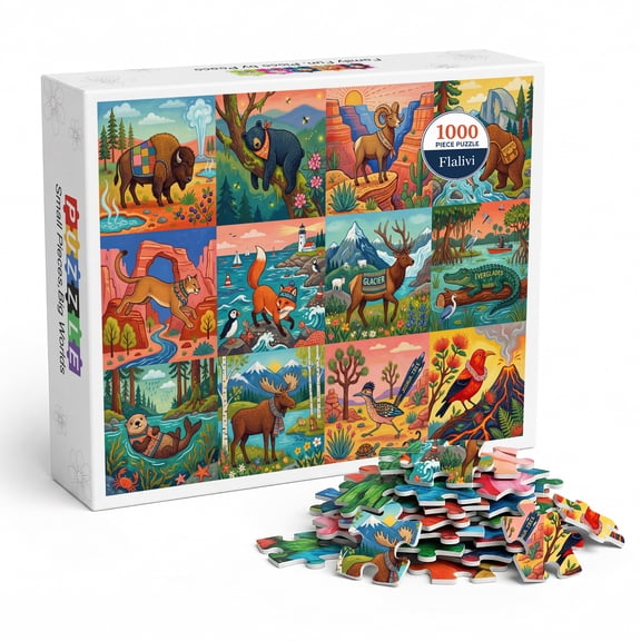National Parks Wildlife Jigsaw Puzzle for Adults 1000 Pieces, Colorful American Landmarks Illustration, Thick Cardboard with Matte Finish, Perfect Gift for Nature Lovers and Travel Enthusiasts