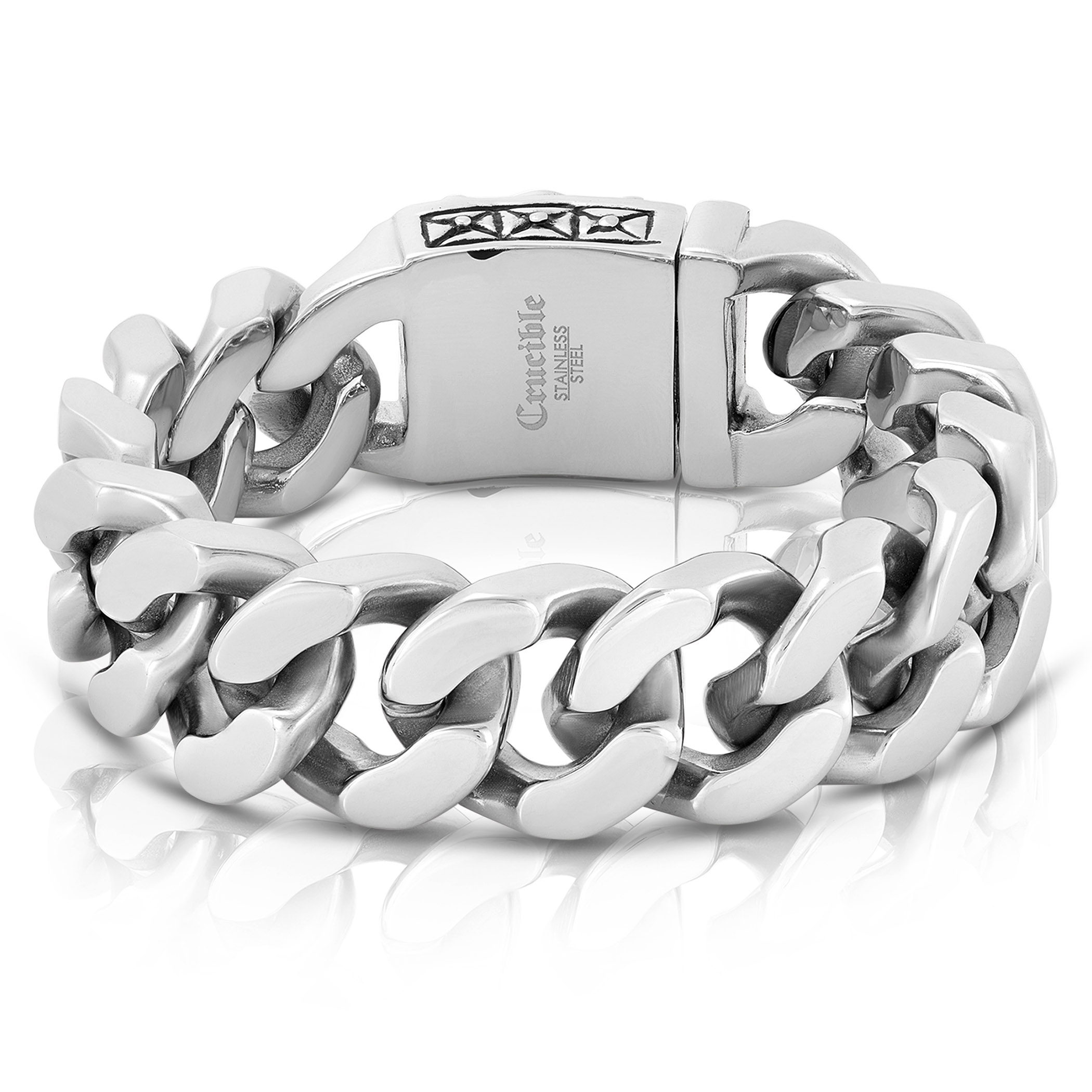 Polished Stainless Steel Skull Curb Link Chain Bracelet For Men - Biker Style Bangle, Silver, No Stone, Comes With Gift Pouch