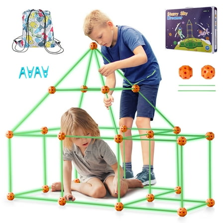 VEVOR Fort Building Kit for Kids,85PCS Glow in The Dark STEM Building Toys, Educational Gift for 4 5 6 7 8  Year Old Boys & Girls, Indoor Outdoor Play Tent Construction Toys with 55 Rods and 30 Balls