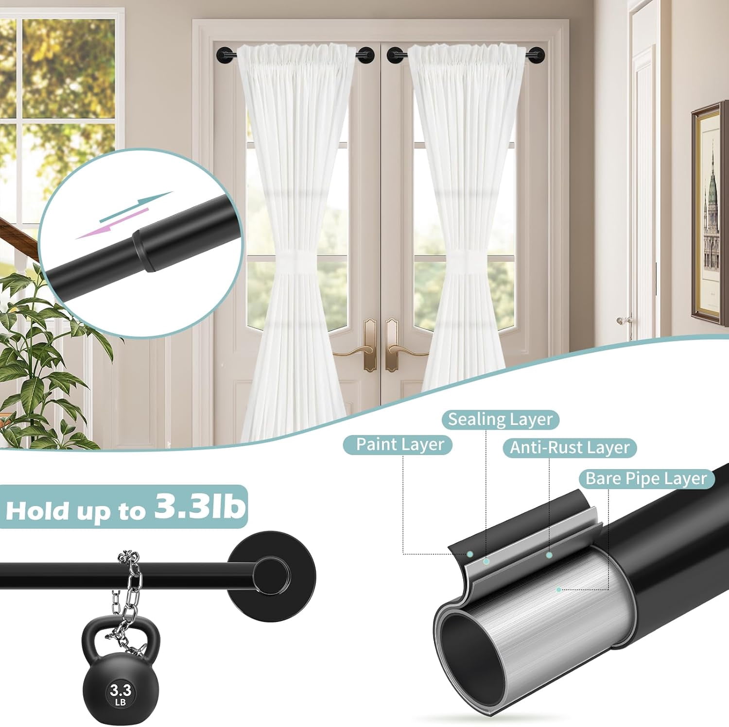 Black Magnetic Curtain Rod for Door:Magnet Rods Classroom Whiteboard,Small Adjustable Towel Bar,Tool-Free French Magnet Pole with Leather Protective Cover No Drilling 16-28"