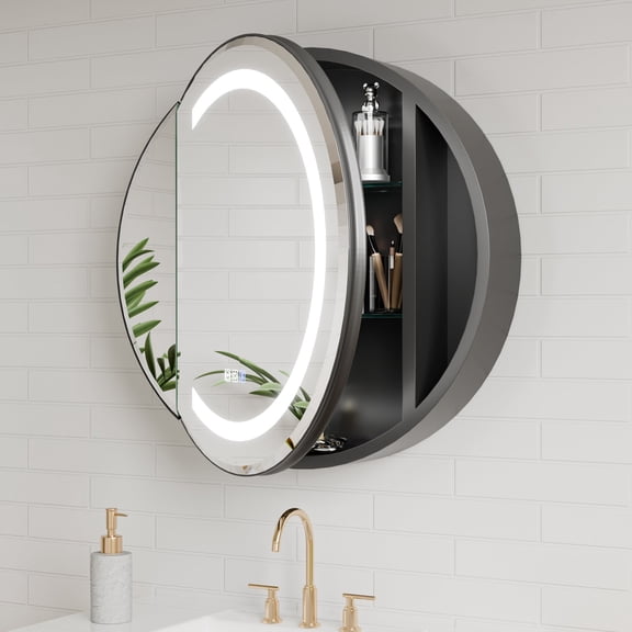Hola 26" Round LED Medicine Cabinet with Black Frame - Anti-Fog, Dimmable Lighting, Surface Mount