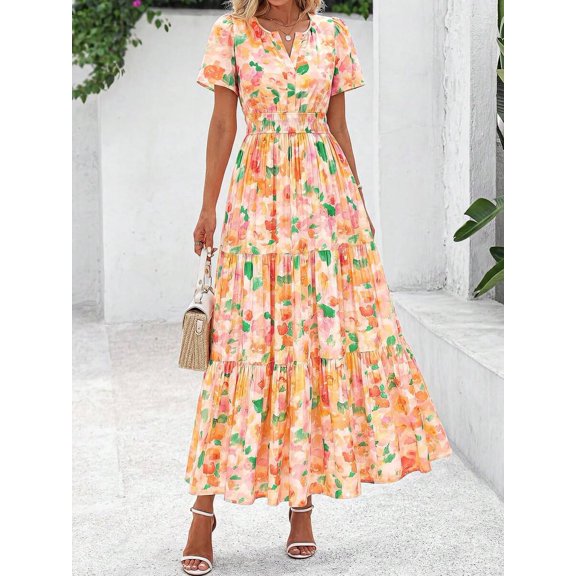 Orange Blossom Floral V-Neck Short Sleeve Elastic Waist Maxi Dress Casual