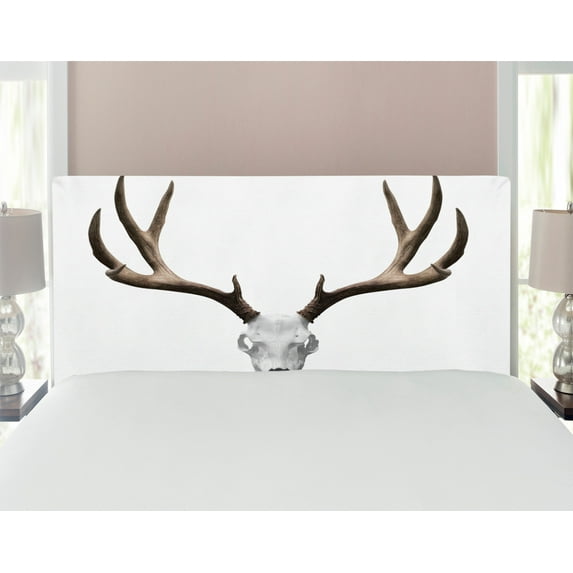 Antlers Headboard, Deer Skull Skeleton Head Bone Halloween Weathered Hunter Theme Motif, Upholstered Decorative Metal Bed Headboard with Memory Foam, Full Size, Warm Taupe Pale Grey, by Ambesonne