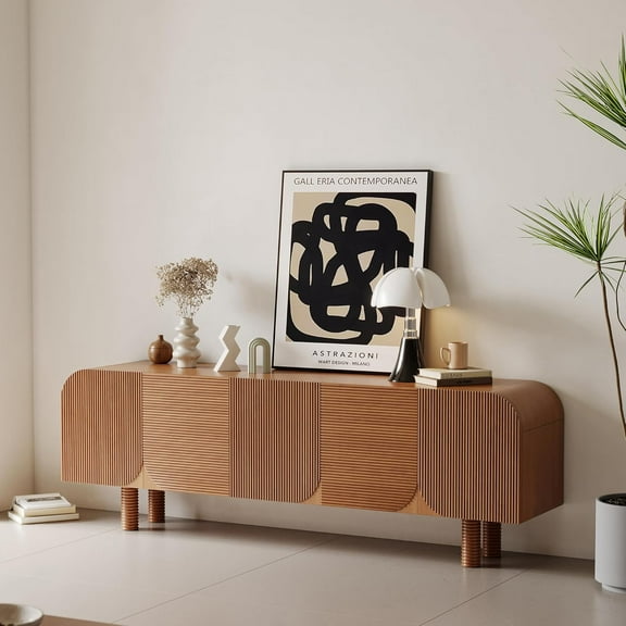 Wood TV Stand for Living Room, 71" Modern Entertainment Center with Storage Cabinets, Walnut Fluted Media Console with Unique Solid Wood Legs, Television Stands for Bedroom Home Office