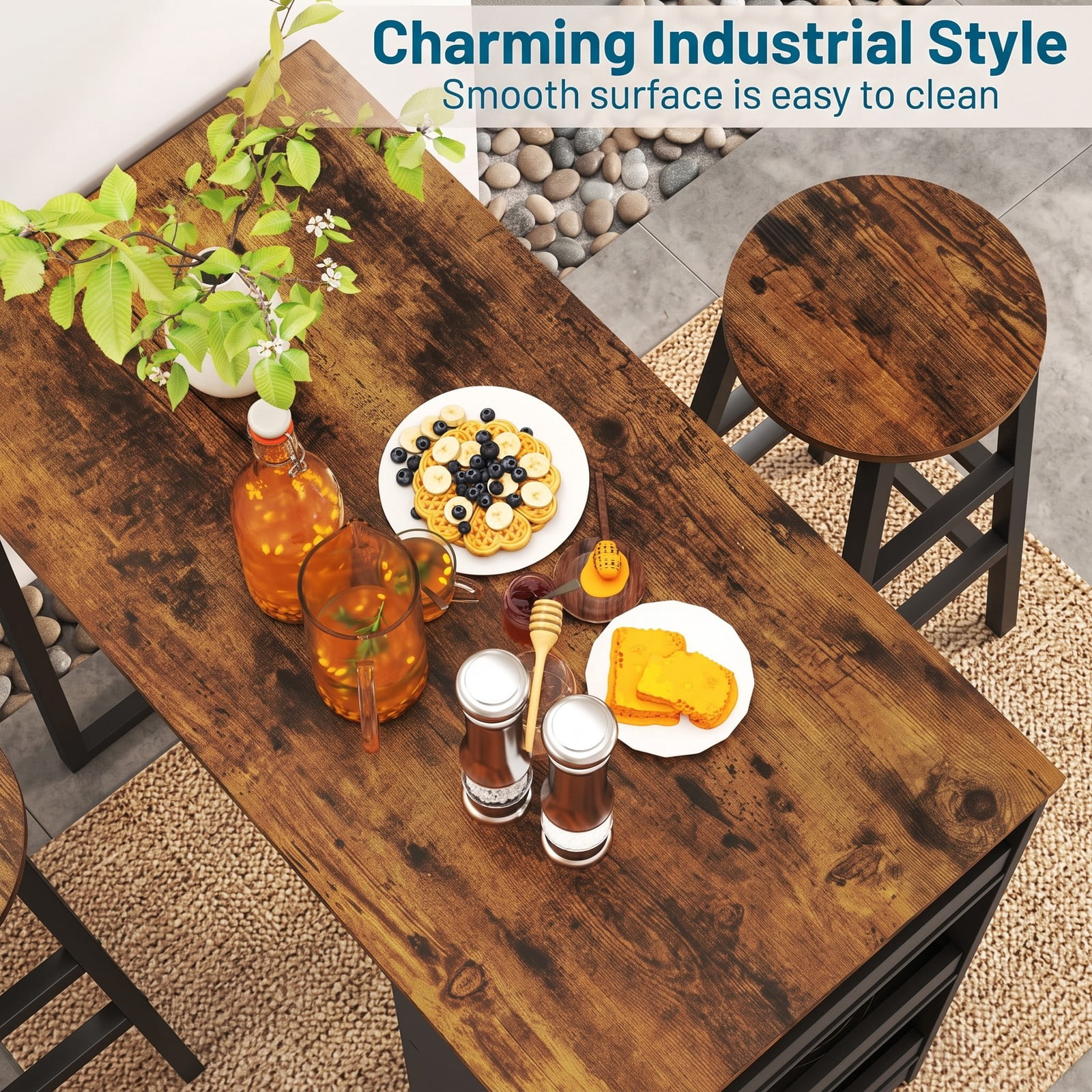Furnibear 3-Piece Bar Table Set with Storage Shelf, Industrial Counter Height Pub Dining Table and 2 Stools for Kitchen Dining Room Restaurant, Space-Saving Bar, Brown