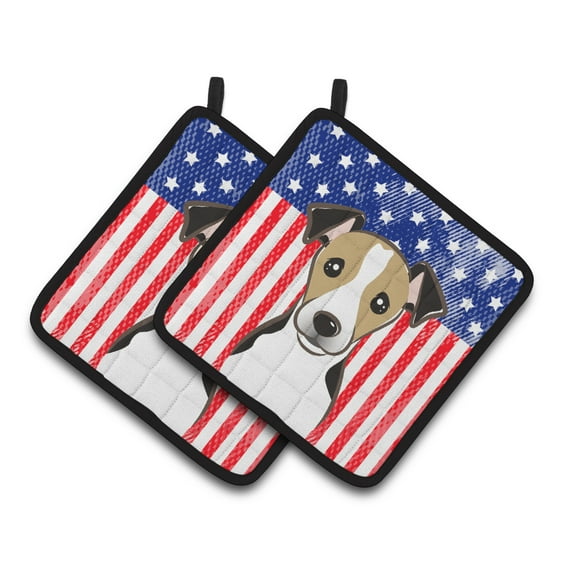 American Flag and Jack Russell Terrier Pair of Pot Holders