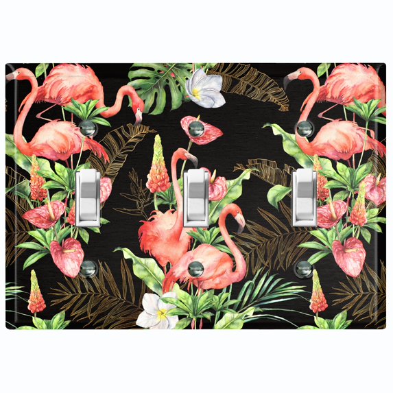 Metal Light Switch Plate Outlet Cover Tropical Pink Flamingo Flower Leaves Black FGO005