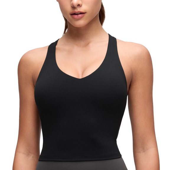 CRZ YOGA Butterluxe Racerback Wireless Padded Yoga Longline Sports Bra for Women V Neck Crop Tank Tops