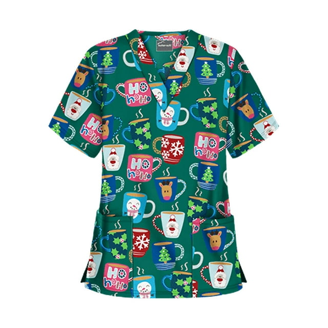 xiaxaixu Women Christmas V-Neck Short Sleeve Tops Nurses Work Uniform Blouses